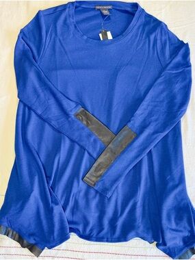 Chelsea & Theodore Royal Blue Knit Crewneck Top with Black Faux Leather Details